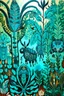 Placeholder: A cyan forest with noisy beetles designed in Oaxacan alebrijes painted by Andy Warhol