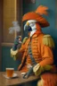 Placeholder: Half parrot half human in a 1700s Orange Dutch uniform smoking a cigarette in a Dutch cafe