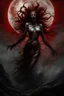 Placeholder: A dramatic digital painting portraying a horror monster under the Red Moon, veins pulsing, claws of temptation visible, soul in turmoil. In the style of Luis Royo and Boris Vallejo, vivid colors, swirling brushstrokes, highly detailed, 8k resolution, surrealistic., juicy emotions, painting, gloomy fantasy, gloomy day, dark world, portrait, oil and graphite, wide strokes, a weaving frame around, by Ryohei Hase, Agnes Cecile, Raymond Swanland, Anne Bachelier