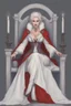 Placeholder: Beautiful white haired Vampire queen on her throne, drawing. Wearing a red cloak with a fur collar. Portrait, waist up