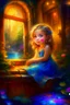 Placeholder: Masterpiece, best quality, digital painting style, adorable digital painting, beautiful fantasy art, colorful. In a dress spun from dreams and pure delight, A pretty little girl with hair so bright, Her big blue eyes, a window to her soul, In a fairy fountain's shimmering aureole. Beneath a big alder with colors so bold, Mosses whisper secrets, stories untold, In this magical world, vibrant and alive, She finds wonder in each vivid hue, jive.