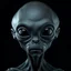 Placeholder: upper body shot of a super black skin alien, full head, 40 years old, looking at the camera, super big head, super big black eyes, small mouth, no ears, total black skin. photo real, hyperrealistic, high dynamic range, rich colors, lifelike textures, 8K UHD, high color depth. neutral dark background.