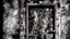 Placeholder: unhinged door, anime, monochrome, black background, ink, simple, maximum quality, broken hinge, barely functioning, why is it still being used it's a health hazard