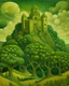 Placeholder: An olive green paranormal nuclear fortress painted by Paul Ranson