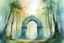 Placeholder: create a watercolor painting of a primeval fantasy forest scene with a stonehenge like archway. bright and misty. with shafts of light