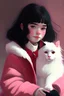 Placeholder: A teenage girl with white skin, hazel eyes, and black hair similar to a boy's hair. She wears a red coat. She is sitting and playing with her fluffy furred white cat. She is wearing a pink collar and appears happy.