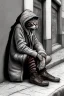 Placeholder: One single mature homeless cat with worn out clothes, sitting in a corner on the street, guitar standing on the left side, Vienna, mourning, model style, hyper realistic, extremely accurate, delicate, extremely detailed, Graphic novel style, wide-angle, open aperture, superfine pencil