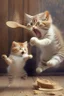 Placeholder: mother cat chasing baby cat with wooden spoon eating cake