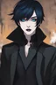 Placeholder: Thin, androgynous character with short black hair. vivid sapphire blue eyes, goth makeup, dark gender neutral goth clothes, urban background, RWBY animation style