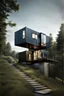 Placeholder: Medium-sized modern house made from shipping containers, on a hill overlooking the woods, photorealistic