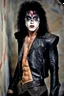 Placeholder: text 'KISS' - head and shoulders portrait, KISS - Tall and muscular 20-year-old Paul Stanley, Black star on right eye, Chest and stomach hair, rose tattoo on right shoulder, black spandex and leather, 8-inch high platform boots, - a multicolored cement wall in the background,