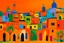 Placeholder: An orange colored suburban town with different shaped buildings designed in Moroccan rug art painted by Alexej von Jawlensky