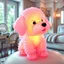 Placeholder: Generate image: A macro 3D render of a cute, lovely wooly dog,made of Translucent glossy jelly material, soft gelatinous appearance, smooth rounded surface, realistic subsurface scattering, internal light diffusion, subtle volumetric translucency, wet polished highlights, slightly reflective surface, soft rubbery-plastic texture, vibrant neon color, physically based shader, studio lighting, high-end CGI render.on a chair in a luxury bedroom next to makeup desk next to a open window to garden.
