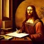 Placeholder: leonardo da vinci works in his study on a laptop at his desk. painting in photoshop. hyperdetailed, warm colors, movie poster, photoillustration, oil on canvas, lens flare