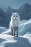 Placeholder: A 3D rendering of an evil in appearence arctic fox human hybrid standing on a snow covered mountain with fairy ice wings