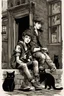 Placeholder: three teenage street children two boys and one punk girl in book-cover poses on the screen of an old town plus a black cat as a companion, dark graphic style