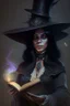 Placeholder: woman black hair middle aged magician with a spellbook big hat fantasy