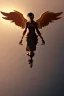 Placeholder: steampunk angel flying above the ocean, pale, golden glow, majestic