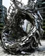 Placeholder: An abstract sculpture representing the chaos of urban life. Constructed from twisted metal and broken glass, this artwork evokes the hectic pace and energy of a bustling city. The atmosphere is one of tension and fragmentation. The sculpture should utilize a mix of materials like steel, glass, and concrete to create a sense of urban disarray and frenetic motion.