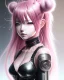 Placeholder: Detailed cute anime Kunoichi girl, pink hair buns, pink bangs, black latex bodysuit, intricate details, full body portrait, keep head in frame, slight smile, black Japanese motif, concept art, highly detailed, digital painting, concept art, sharp focus, illustration, art by Yoji Shinkawa, WLOP and greg rutkowski and alphonse mucha and artgerm and yanjun Chen and Junji ito and Makoto Shinkai, HDR, octane render