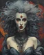 Placeholder: Max Ernst, Jean Cocteau, Jaume Capdevila, surrealist style closeup full body portrait painting of a Goth Punk female vampire with highly detailed hair and facial features, traversing the multiverse of transformative and expanded consciousness, blurring the boundaries between mortal and immortal in search of a mythical paradise, sharply defined and detailed, 4k in subdued natural colors