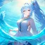 Placeholder: Clear focus, 8k, beautiful lighting, vibrant colors, girl, light blue hair, long hair, white eyes, ponytail, messy hair, water magic,