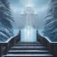 Placeholder: fantasy art, book illustration, close up on big wolf wizard,the stairs of a bridge or dam ,icy water, on the bridge,seen from the tree tops