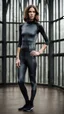 Placeholder: photography of a beautiful anorexic woman, anthracite satin triathlon top, sports illustrated, brunette short wavy bob haircut, pronounced sternum, flat chest, anthracite short leggins