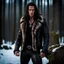 Placeholder: Handsome and muscular 30 year old mountain man with long hair and tattoos, wearing furry leather jacket, dark fantasy, snowy forest