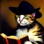 Placeholder: oil portrait of a cat with hat reading a book by Diego Velázquez 8k