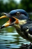 Placeholder: Generate an image of bird who is in water having fish in his mouth with real views