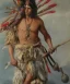 Placeholder: Guaicaipuro, native american god, 30 years old, Muscular warrior, red feathers headdress, shirtless, angry look, holding a stone tip spear