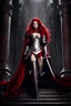 Placeholder: Horrible photograph Silver and red fantasy Beautiful Queen Vampire armour, with a red cape, with black and red spikes coming out the back and arms, glowing red eyes, long red hair pony tail coming out,at castle