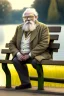 Placeholder: 1000-year-old old English man, wise face ,glasses, cynical look, yellow mustache, eyes expressing wisdom, white beard, wrinkled cheeks, precise details, pants with slacks, sitting on a bench in the garden, in the background of a lake with swans, outdoor shot, cinematic, UHD. 20K, 300 DPI