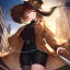 Placeholder: Clear focus, High resolution, short brown spiky hair, hair between eyes, eyes closed, wearing a brown detective hat, wearing a brown jacket and a black shirt, wearing black shorts, 1girl, pulling hat down, smiling