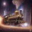 Placeholder: Steampunk locomotive train, ornate silver and gold engraved, white smoke billowing from the chimney as it passes through a narrow gap surrounded by tall trees. Galaxy fill the night sky.#insanely detailed# intricate# colourful# abstract#fantasy#hyperrealism# delicate# high definition# complex#combination# triadic vibrant colours# artistic#beautiful creauture#Masterpiece by Tom Bagshaw,Asher Brown Durand, Anna Dittmann, Dan Mumford, Magali Villeneuve,Christoper Lovell,