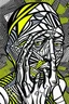 Placeholder: tribal man in grief with hands on face crazy shapes pencil draw style of roy lichtenstein