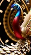 Placeholder: huge red gold black peacock, with clockwork gear on its back, symmetric, mandala, hyper realistic, futuristic, unreal engine5, octane render, 3D rendering, white background, digital art, in the style of Android Jones, mechanism, engine parts, vivid colours, side light, 16k