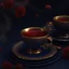 Placeholder: A midnight blue teacup with a gold rim and small red florets on a plate. Illustrative art, art interpretation, concept art, cgsociety contest winner, seasonal art, seasonal art HD, 4k, 8k, intricate, detailed, intricately detailed, luminous, translucent fantasy crystal, holographic data, soft body, shadow play, light, fog, atmospheric, cinematic, light film, hyper-detailed, hyper-realistic, masterpiece, atmospheric, high resolution, 8k, HDR, 500px, mysterious and artistic digital art, phototic,