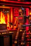 Placeholder: A hard rock robot hosts a radio show in a burning club