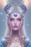 Placeholder: cosmic girl belle fine, grand front cosmique, peau bleu cristalline, yeux bleu, perle sur le front long cheveux blond et rose etoilé cristaux sur le corps, collier de grande princesse, levres souriante, très jolie sourire