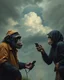Placeholder: Bosch painting style, nightmare , a male chimpanzee dressed like a teenager asking for phone number to a female chimpanzee dressed like a teenager also has a phone asking for her number great quality picture with cinematic scenes , heavy clouds in the background