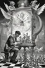 Placeholder: news paper journalist harlequin playing burning chess reptiles on racing field with twisted ladders in a confused look on his face in front of a huge glass prism clock with angels, in the style of Escher