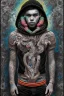 Placeholder: Cool black rapper with all the jewelery and tattoos, hoody and scateboard. Surrounded by an abstract backstreet graffiti vibe