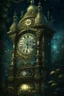 Placeholder: antique carved clock close-up on a stone tower covered with ivy and roses against the background of a night-time fairy-tale city, magic, magical lighting effect, illustration to a fairy tale, multilayer watercolor, fireflies, fine drawing of details with pencils, realistic, digital art, colors grey, emerald, umbra, beige, gold