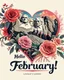 Placeholder: 1:1 ratio A highly detailed Image in the style of Art Nouveau, of tastefully painted hearts and flowers in shades of reds, pinks, corals and ivory, add a superimposed transparent image of the president's on Mount Rushmore in the corner. Image is edge to edge, no frame. Bold script text "Hello February!" , wide-angle shot, vibrant color grading, shallow depth of field, adventure, league of legends style concept art