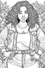 Placeholder: black curvy woman wearing jeans, eyes front camera coloring page floral background