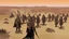 Placeholder: desert, highly detailed, comic style warriors from behind, in the background far away a city