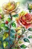 Placeholder: sketch, delicate drawing, watercolor painting, beautiful landscape, a branch of lush non-pink lace roses with buds, many large and small flowers, buds, different shades of color, pixel graphics, many details, sensuality, realism, high quality, decoration, hyperdetalization, professionally, filigree, hyperrealism, backlight, contrast, fantastic, fabulous, unreal, translucent, luminous, clear lines, light green, bluish background at the top, white edges