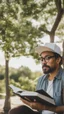 Placeholder: A man wears a white Dad Hat and wears glasses and is busy reading with a tree behind him, high resolution, and the image focuses on the Dad Hat